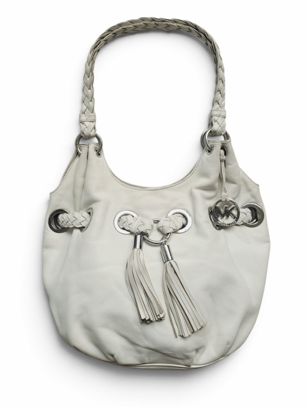 Michael Kors White Braided Handle Hobo with Tassels